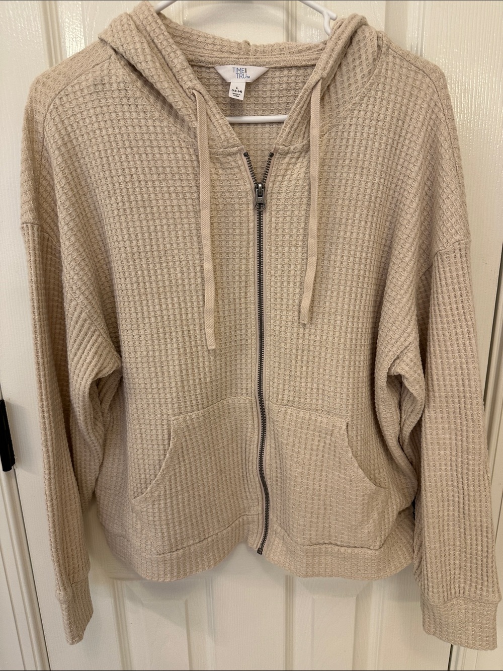 Time and Tru Beige Waffle-Knit Zip Hoodie